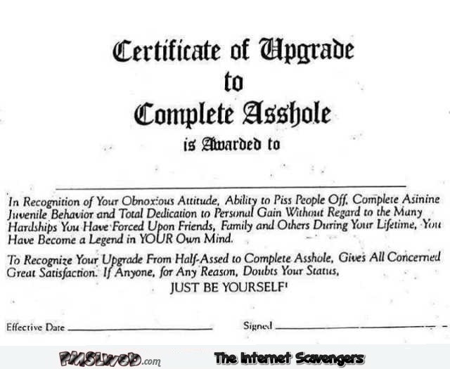 Certificate of upgrade to complete asshole humor @PMSLweb.com