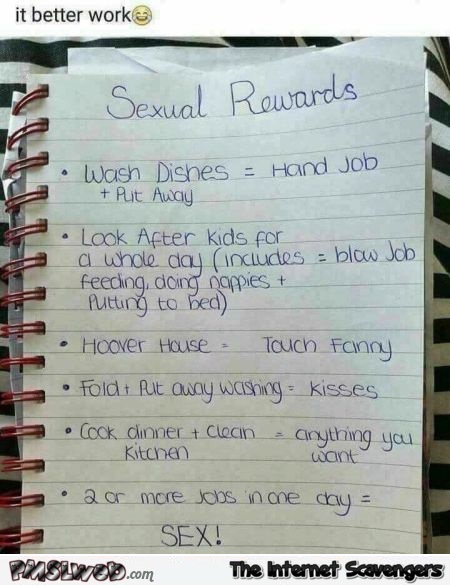 Funny housework sexual reward sheet adult humor @PMSLweb.com