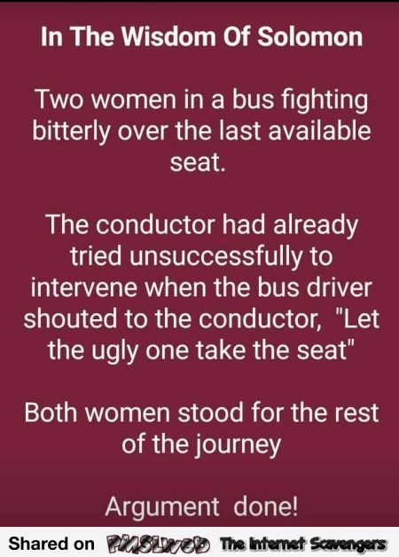 Two women in the bus fighting over the last seat funny wisdom joke @PMSLweb.com